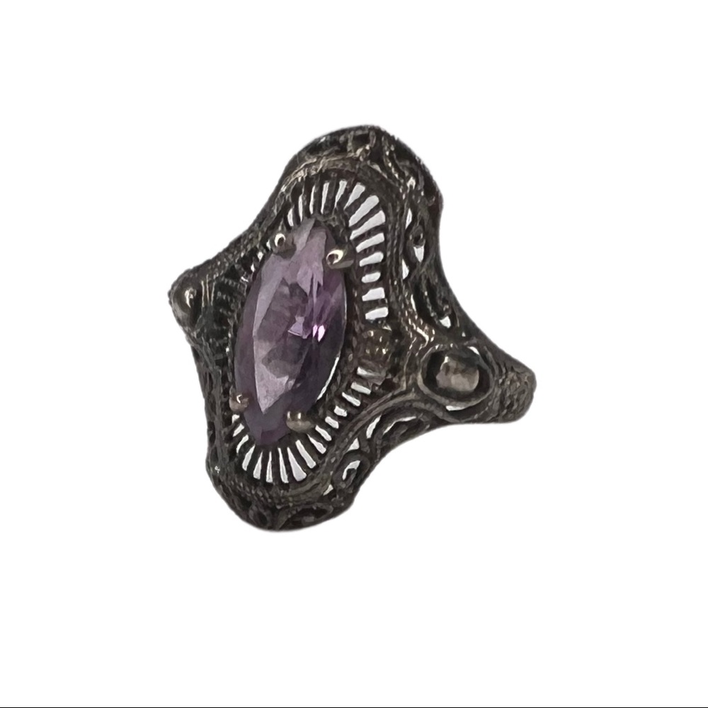 Vintage Amethyst Sterling Silver Filigree Art Deco Ring - Picture 5 of 8